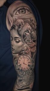 black and grey realism sleeve tattoo peterborough